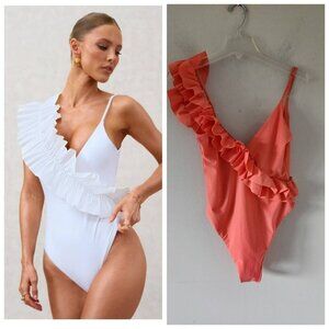 CLUB L London | Sandy Shores one piece swimsuit ruffled Salmon Pink US Sz 4